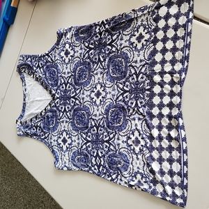Rose + Olive vneck sleeveless shirt, blue/white design w/beaded neckline, size L